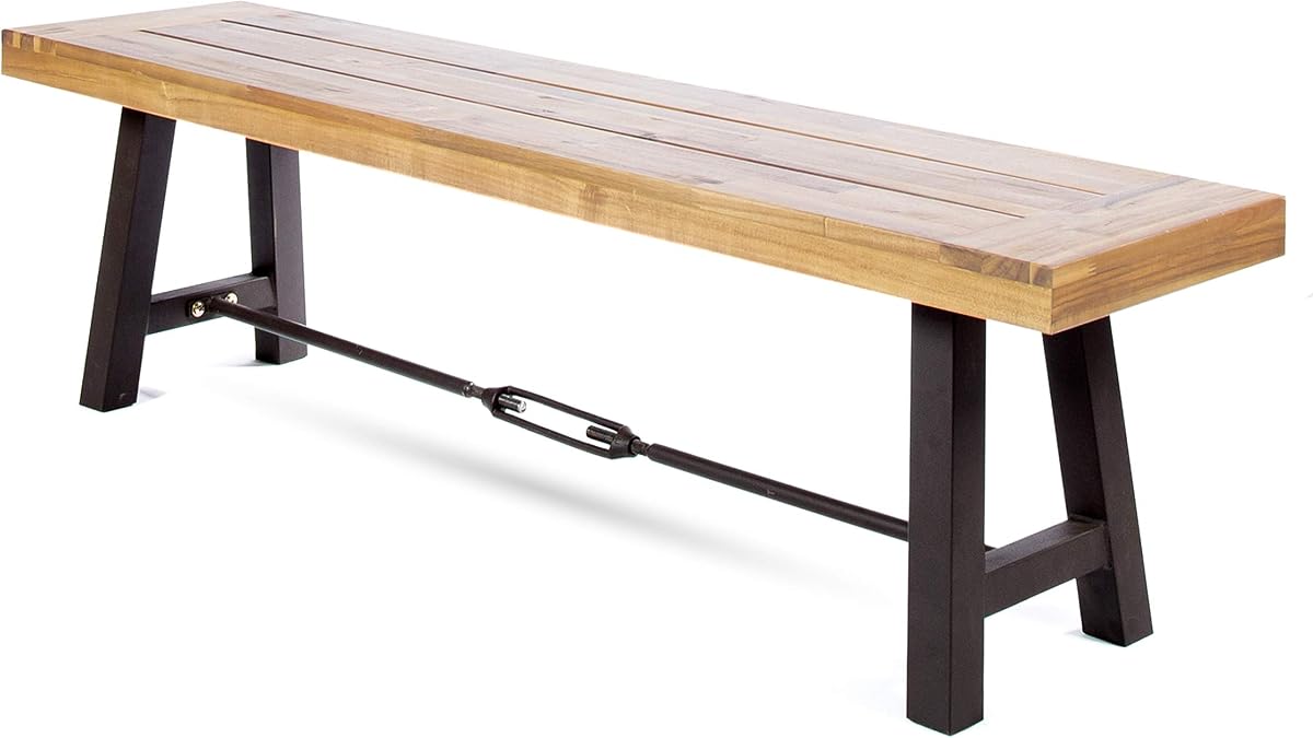 Banco de madera de acacia al aire libre Christopher Knight Home Catriona con detalles de metal, acabado de teca/metal rústico 14.50 x 63 x 17.75 pulgadas