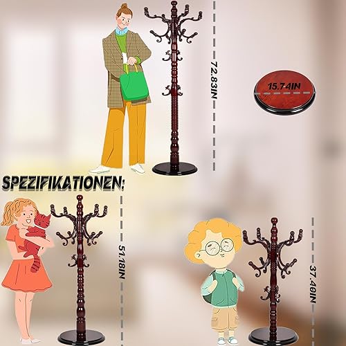 Miniatura 6 de Perchero de madera de 73 pulgadas, perchero independiente con base redonda estable, altura ajustable, para el hogar, dormitorio, oficina, pasillo,