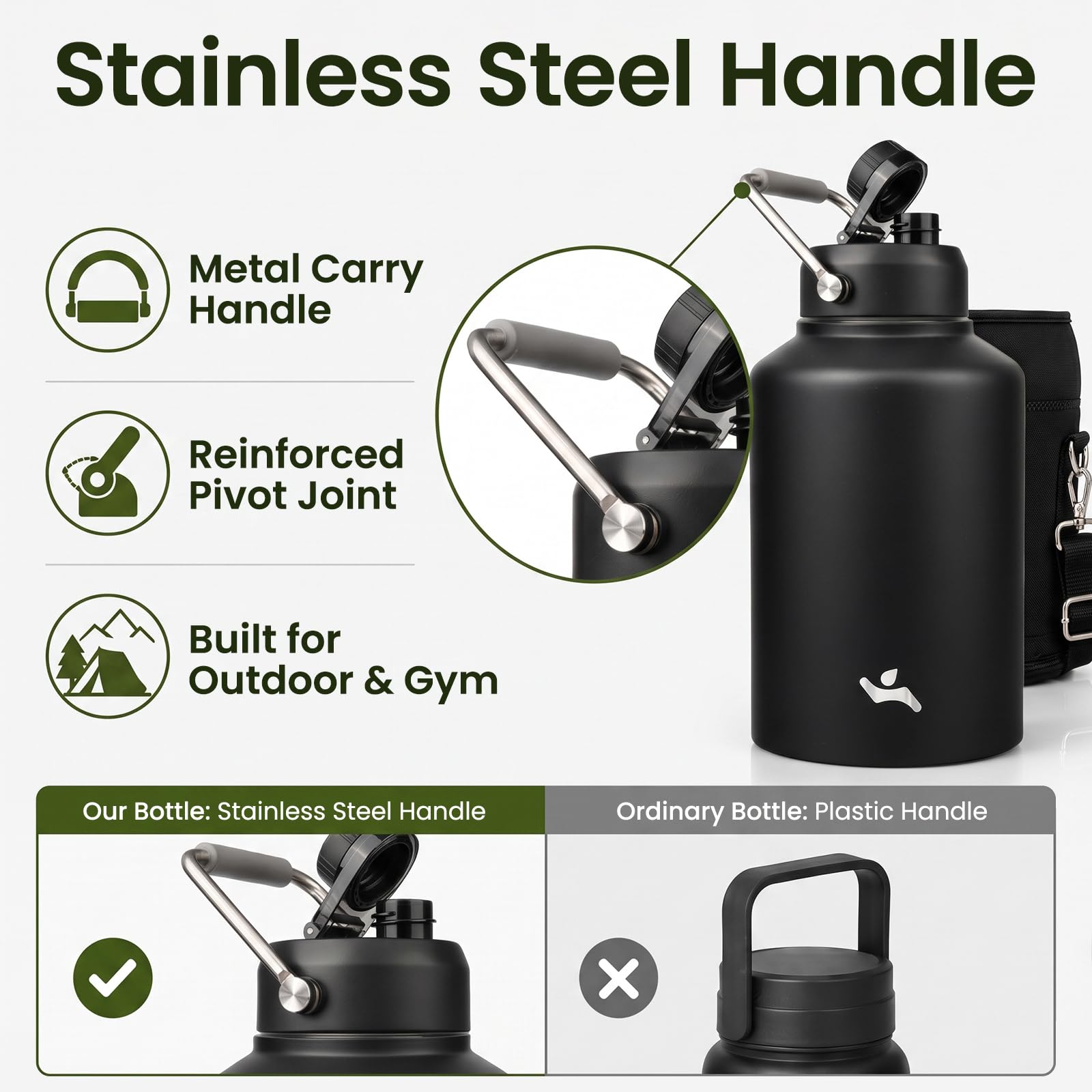Jarra de medio galón con asa, botella de agua aislada de 64 onzas con bolsa de transporte, botella de metal de acero inoxidable al vacío de doble pared, negro índigo