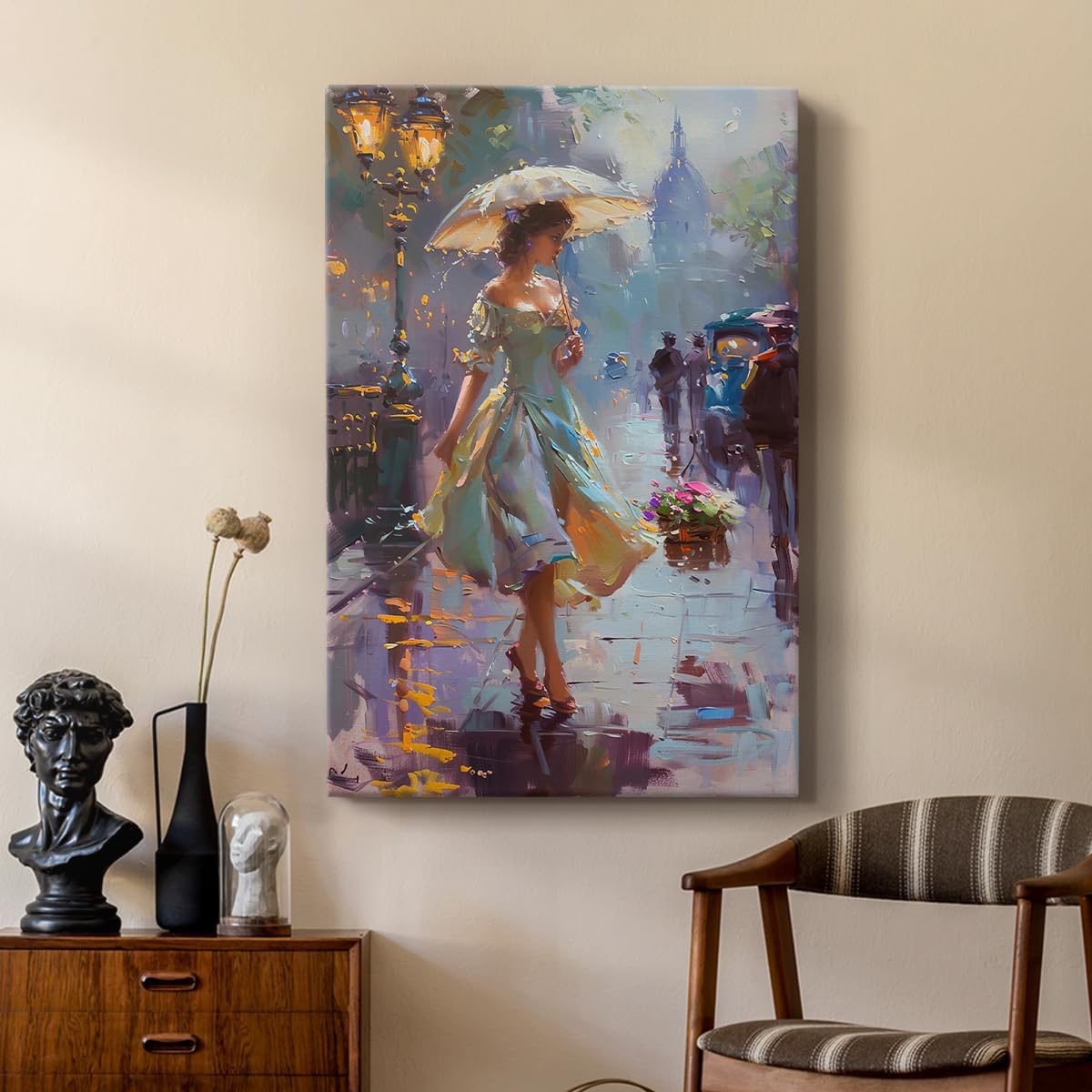 Renditions Gallery Canvas Artwork Home Decor Woman with Parasol Walking through Evening Busy Street Wall Decor Paintings & Prints for Bedroom Office Kitchen - 8" X 12" LT565 image 5