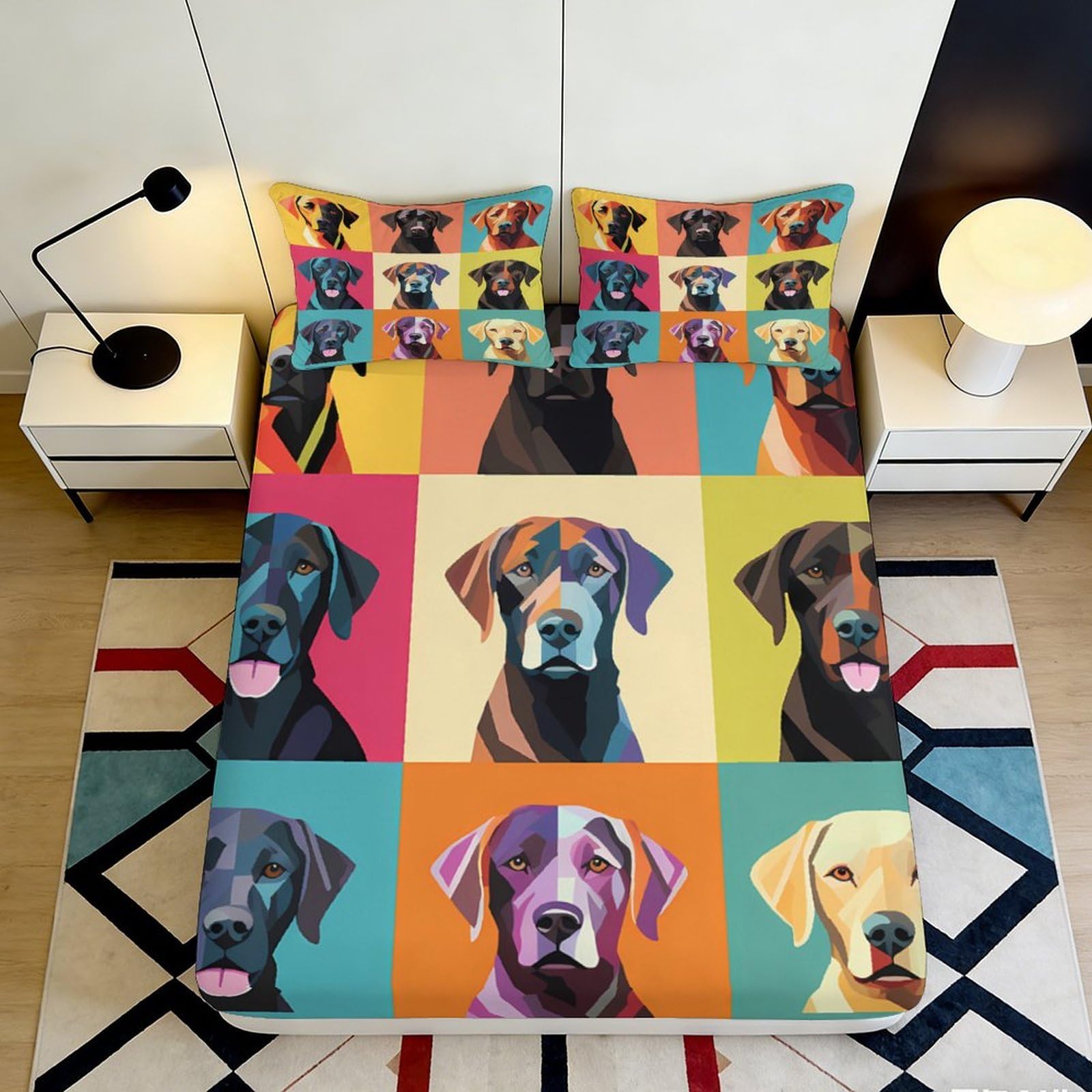 3D Printed Colorful Dog Portrait Fitted Sheet Microfiber Soft Mattress Cover for Bedroom Guest Room Decor 90x200x25cm