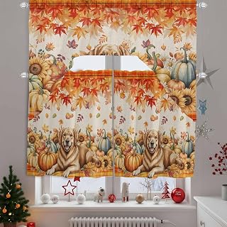 Thanksgiving Swag Valance and Tier Curtains 24'' Length Set, Orange Maple Leaf Pumpkin Sunflower Lattice Light Filtering Kitchen Curtains, Tier Curtain Valances for Bathroom/Living Room/Bedroom/Café