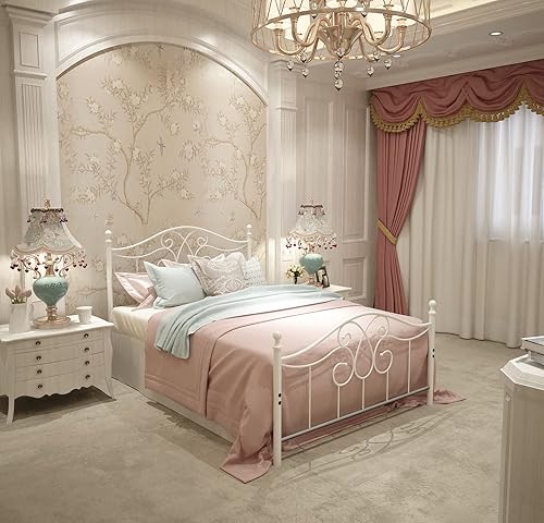 Miniatura 48 de TUSEER Base de cama de metal tamaño Queen con cabecero vintage y base de plataforma de estribo, marco de cama de hierro forjado (Queen, marrón