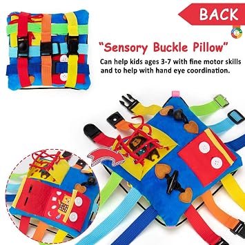 teytoy Sensory Buckle Pillow Toys for Toddlers,Travel Toys for Toddlers 1-3 Learning Fine Motor Skill & Problem Solving,Montessori Sensory Fidgets for Kids Threading Counting Zipper-12 Basic Skill