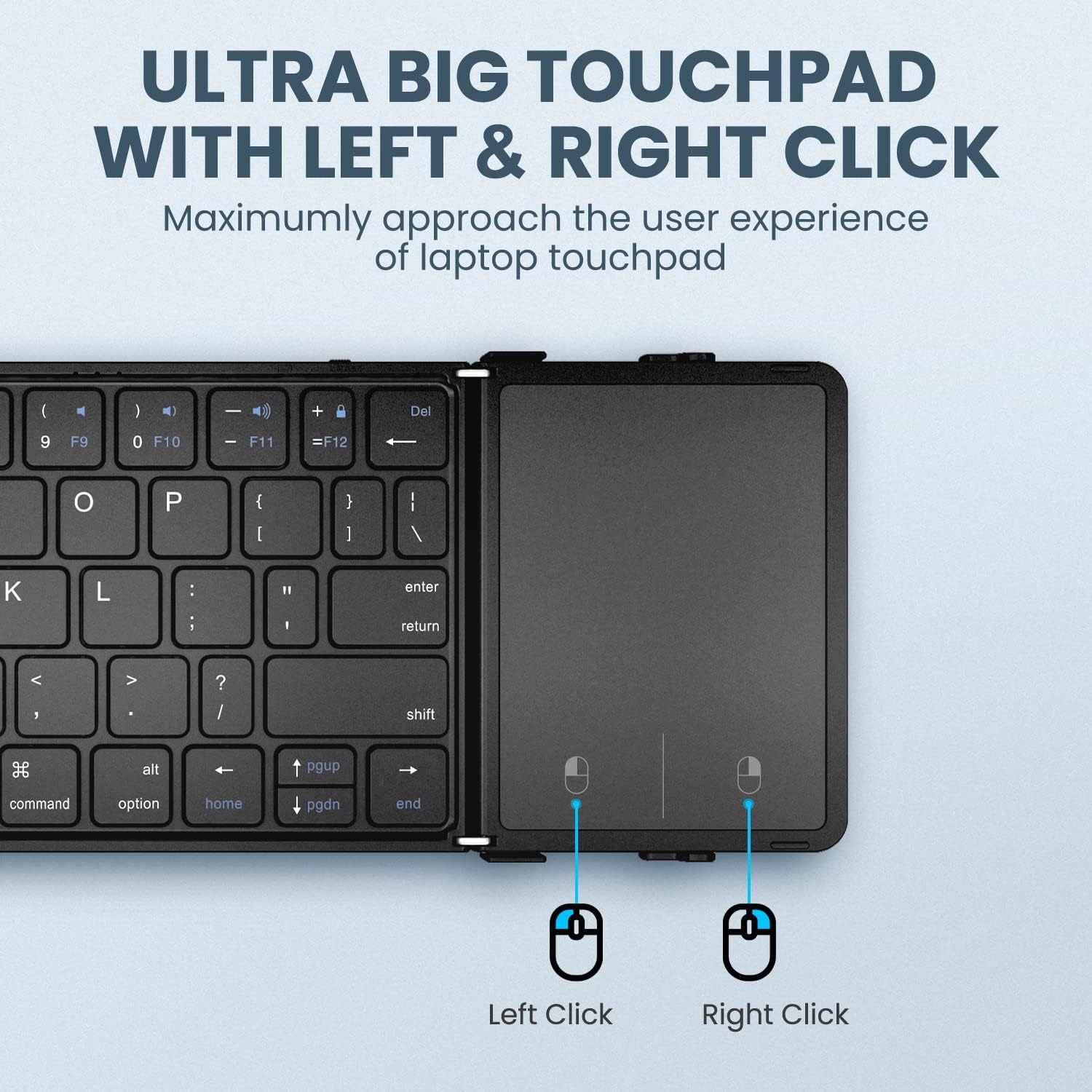 Close-up of the keyboard's touchpad with distinct left and right click areas