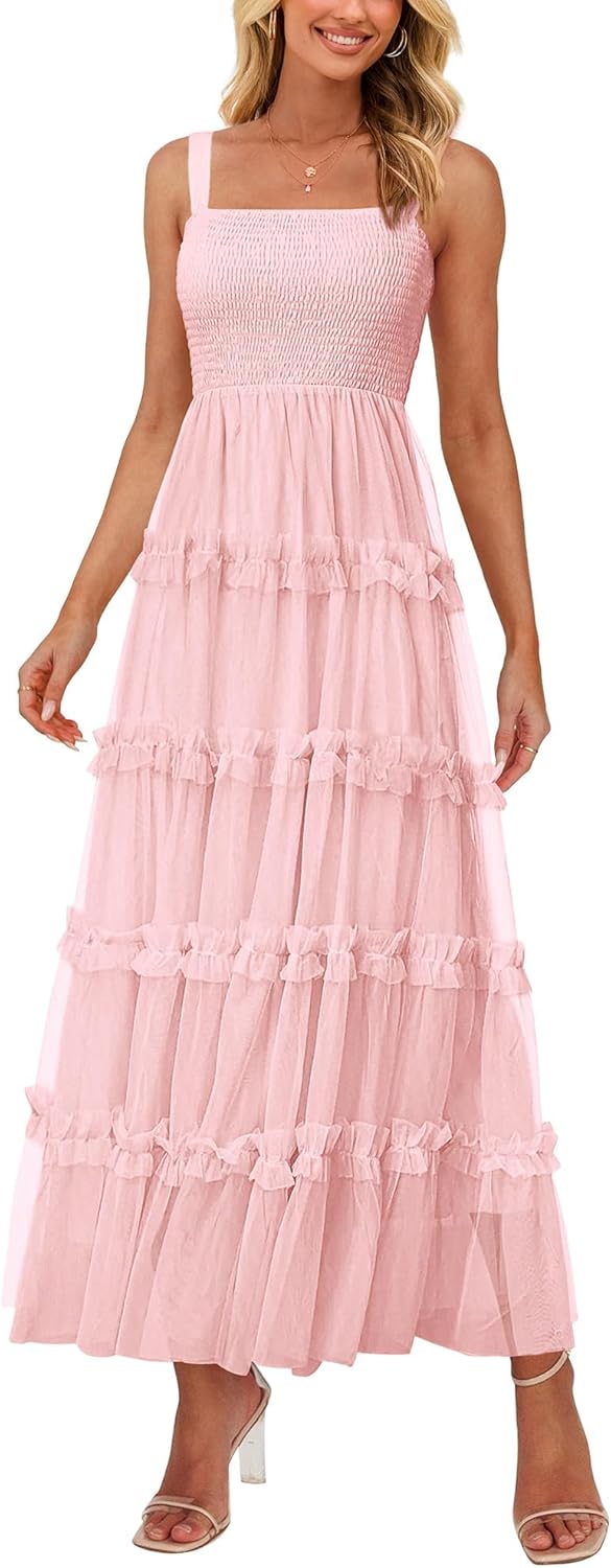 PRETTYGARDEN Women's Summer Dresses 2026 Sleeveless Smocked Tiered Ruffle Tulle A-Line Flowy Wedding Party Maxi Dress