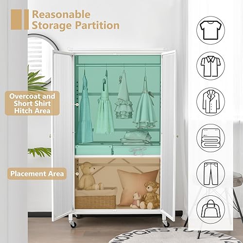 Miniatura 9 de Giantex Armario portátil con rodillos  Armario de metal con barra para colgar, estante ajustable, armario de almacenamiento rodante, organizador de