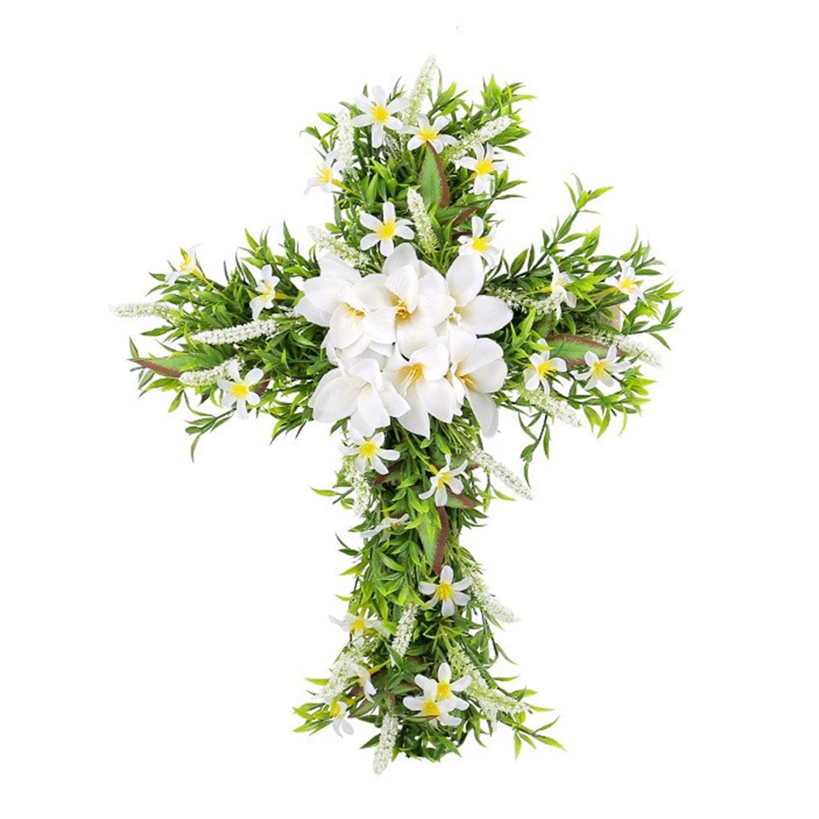 Buxuaaaa Wreath Door Hanging Decoration Cross Lilys Flower Wreath for Front Door Decor Lilys Flower Easter Decor Easter Religious Cross Sign