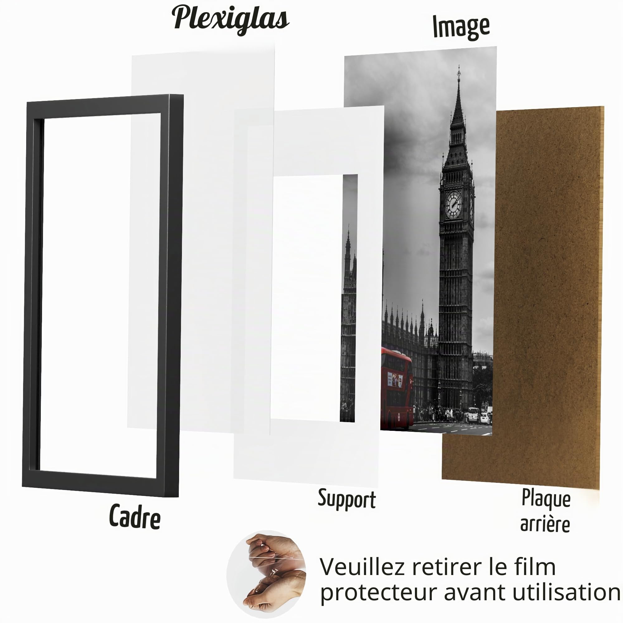 Lot de 4 cadres photo noirs de 40 x 60 cm, en bois d'ingénierie et plexiglas, avec passe-partout pour impressions A3, photos et affiches, montage mural, 40 x 60 cm