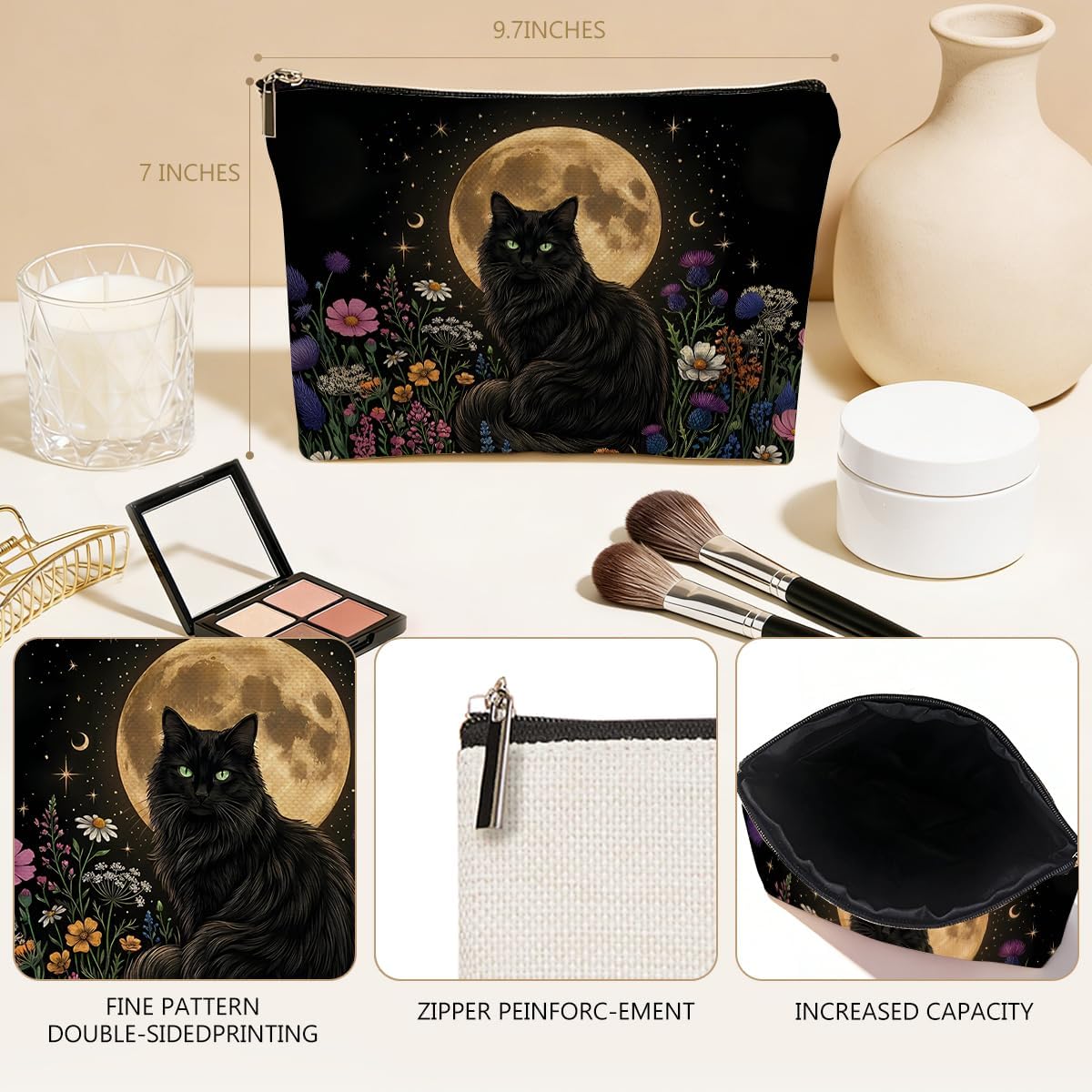 Moon Cat Makeup Bag Boho Flower Cosmetic Bags Travel Toiletry Zipper Pouch image 3