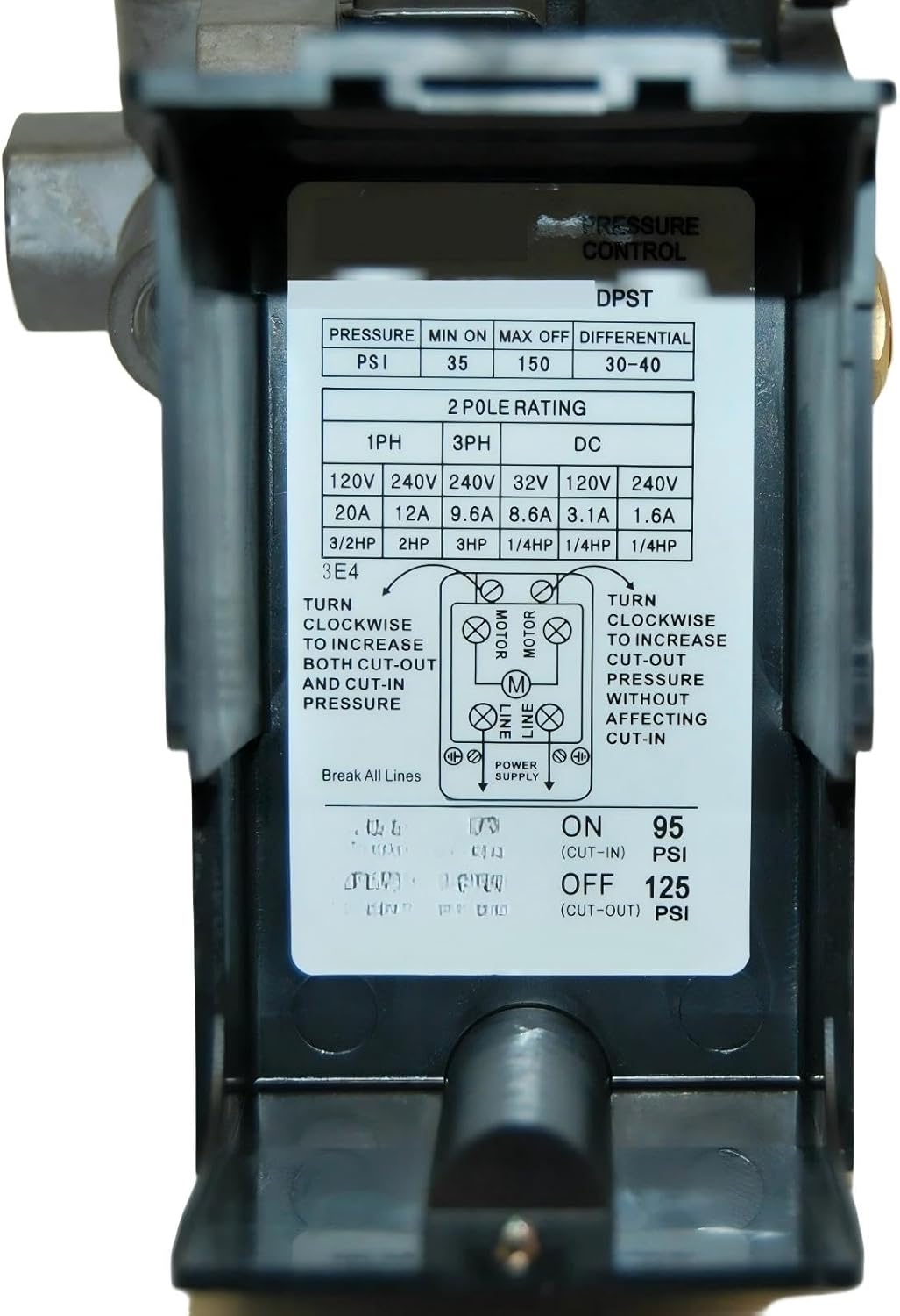 VT412024 Air Compressor Pressure Switch - For Rolair Model VT25BIG VT20TB Portable single-stage reciprocating air compressor - Replacement Pressure Control Switch - 95-125PSI Adjustable 4 PORT