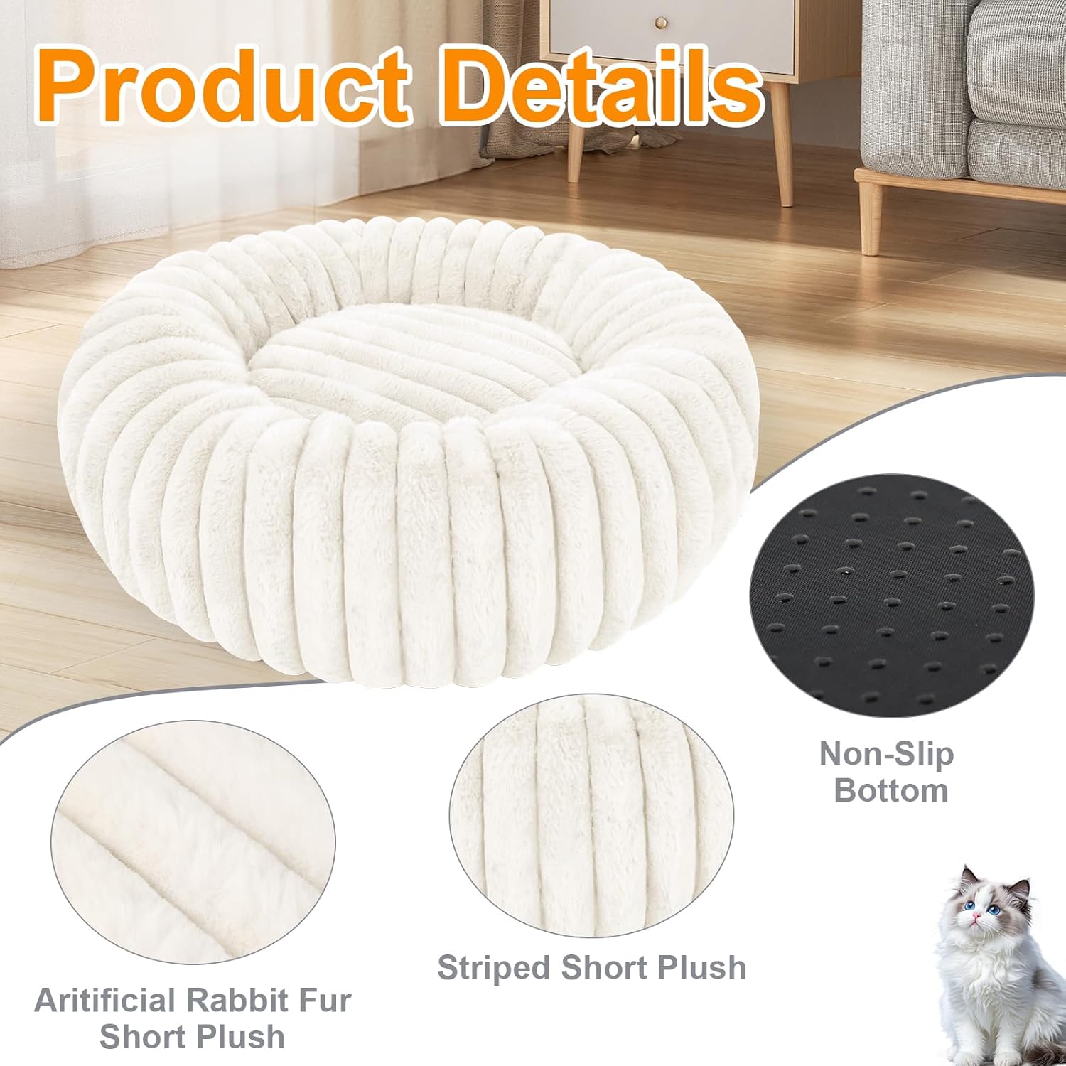 Washable Extra Large Dog Bed,Calming Anti Anxiety Round Donut Dog Bed,Fluffy Puppy Beds for Small Dogs,Cute Kitten Cat Beds for Indoor Cats,Anti-Slip Comfort Pet Beds for Extra Large Size(White,XXL)