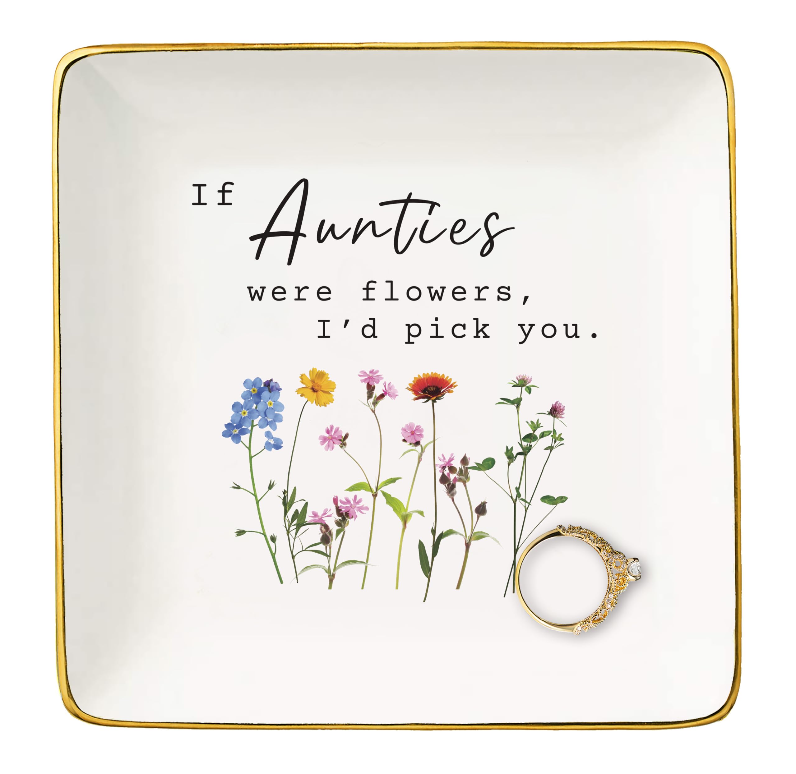 NZY Birthday,New Year,Thanksgiving,Christmas Gifts for Aunt,Auntie Appreciated Gift from Niece Nephews,Jewelry Tray Trinket Holder Ring Dish-If Aunties Were Flowers,I'd Pick You