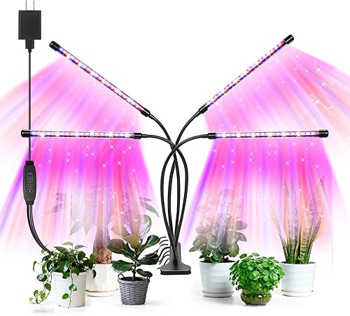 Luces LED de crecimiento, 4 cabezales, luz roja y azul para plantas con abrazadera para plantas de interior y arranque de semillas, 10 niveles