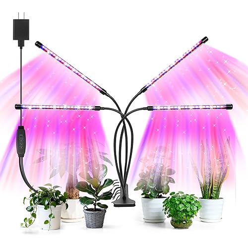 Led Grow Lights, 4 Heads Red Blue Plant Light with Clamp for Indoor Plants & Seed Starting, 10-Level Dimmable, Auto On Off, Timing 3 9 12Hrs