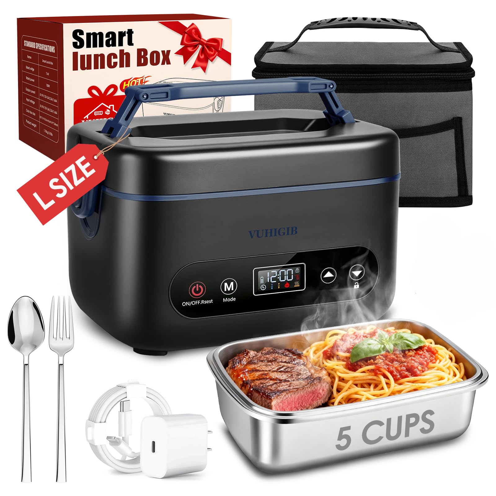 Cordless Electric Lunch Box for Adults 100W Rechargeable Auto Heated Lunch Box 5-Sided Heating 1 2L Heating Lunchbox