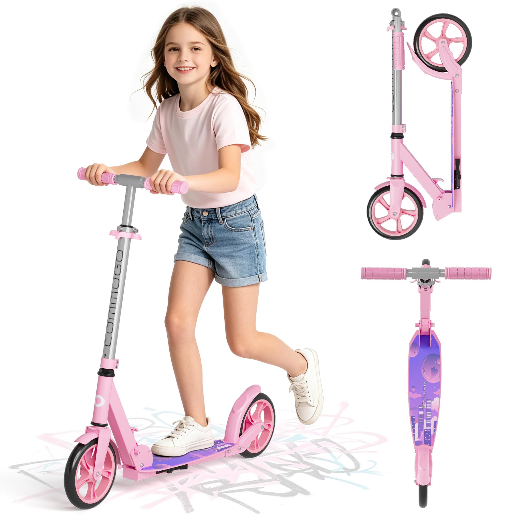Kick Scooter for Kids 6+, Teens & Adults, Lightweight 9.5 lbs, Foldable with Carry Strap, 8" Big PU Wheels, 4-Level Adjustable Height, Aluminum Frame, Supports Up to 240 lbs, Boys & Girls