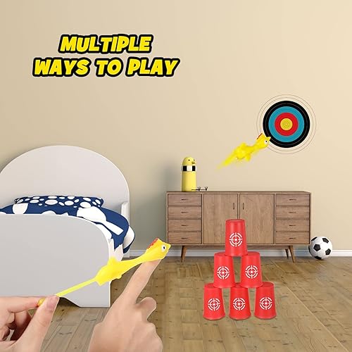 Miniatura 7 de Chalyna 22 tirachinas de pollo volador con dedos de goma, incluye 16 juguetes de goma para dedos, 6 tazas de dardos, divertidos rellenos de Navidad,