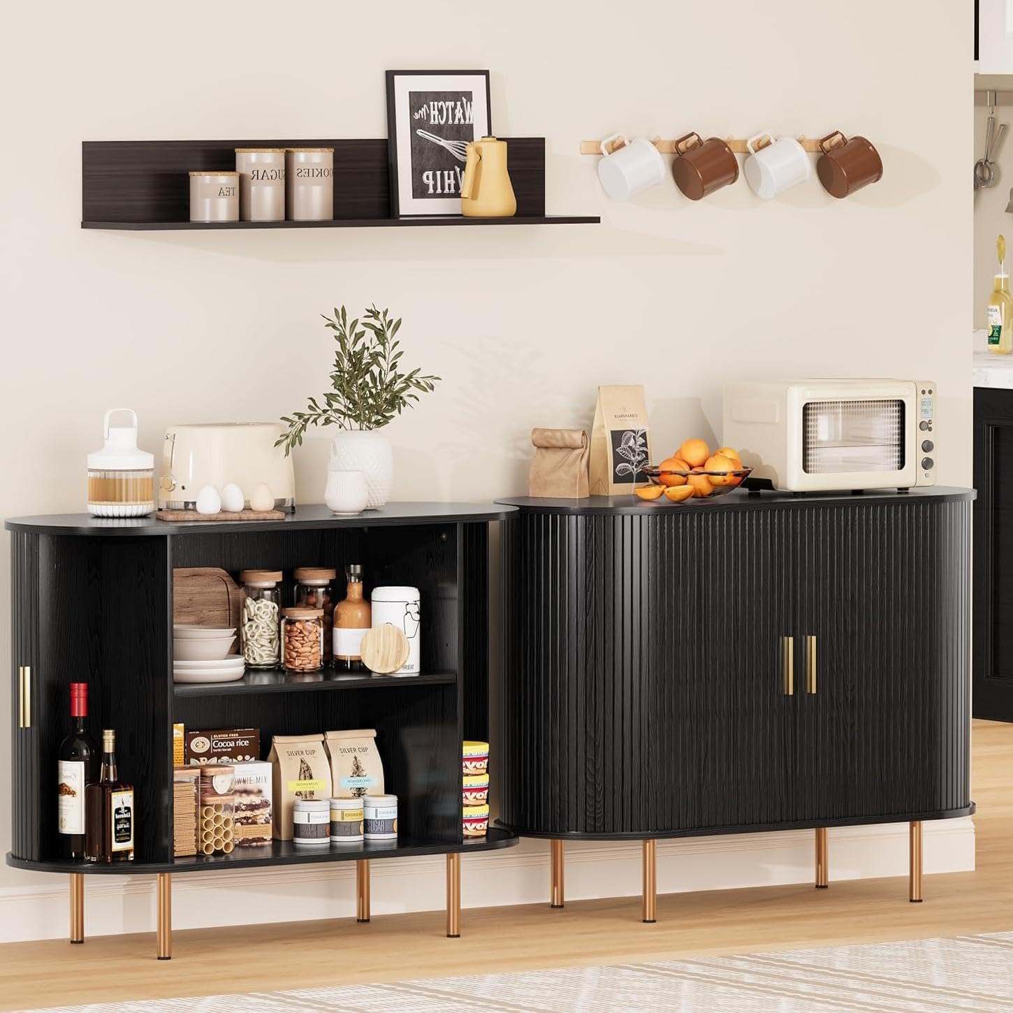 Sideboard Buffet Cabinet with Storage, 40 Inch Mid Century Modern Fluted Credenza with Sliding Door & Adjustable Shelf, Coffee Bar Cabinet for Kitchen, Living Room, Entryway