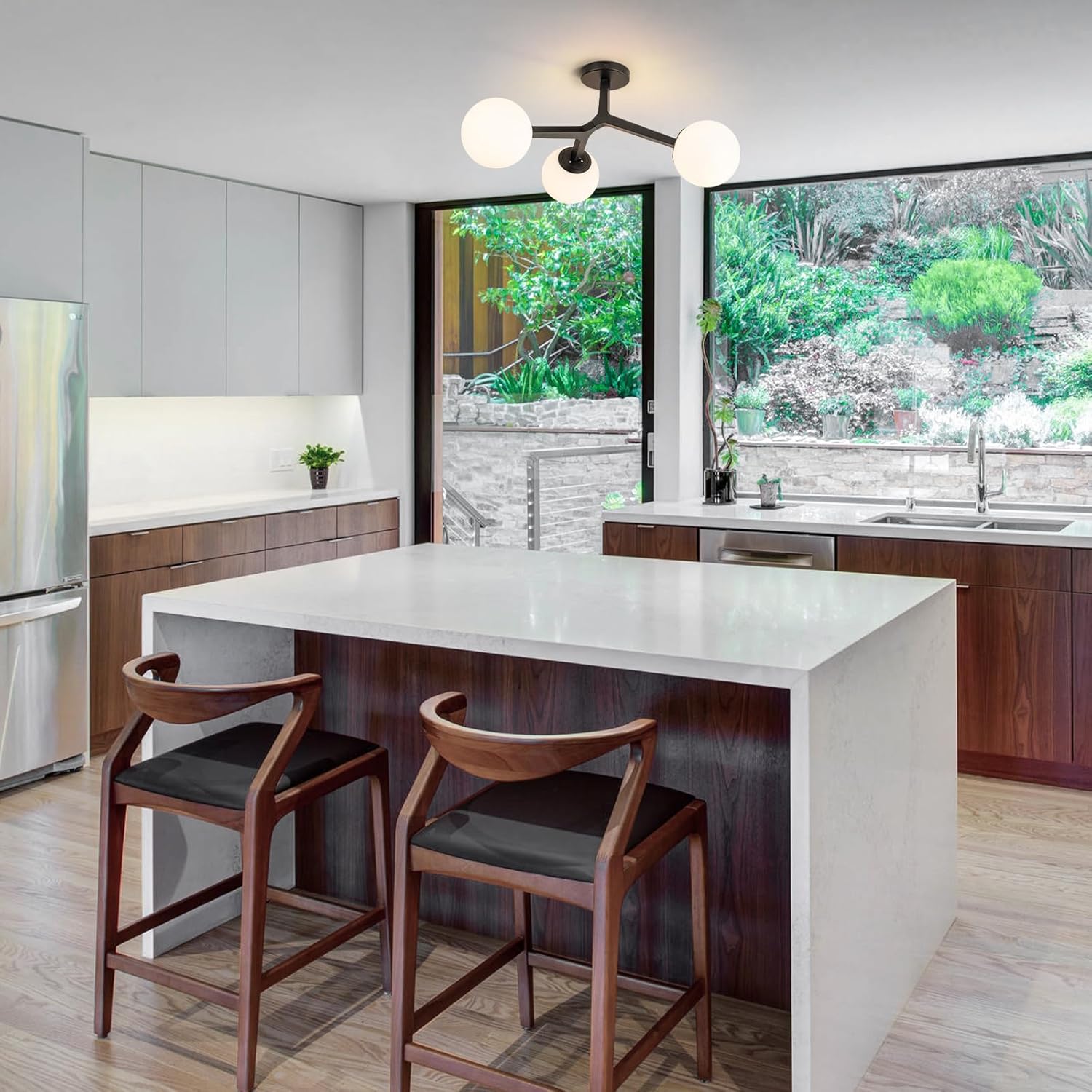 Lingkai Black Semi Flush Mount Ceiling Light Fixture, Mid Century Modern Light Fixtures Ceiling, 3-Light 23.6" Black Sputnik Ceiling Light Fixture for Living Room, Bedroom, Bathroom, Over The Sink