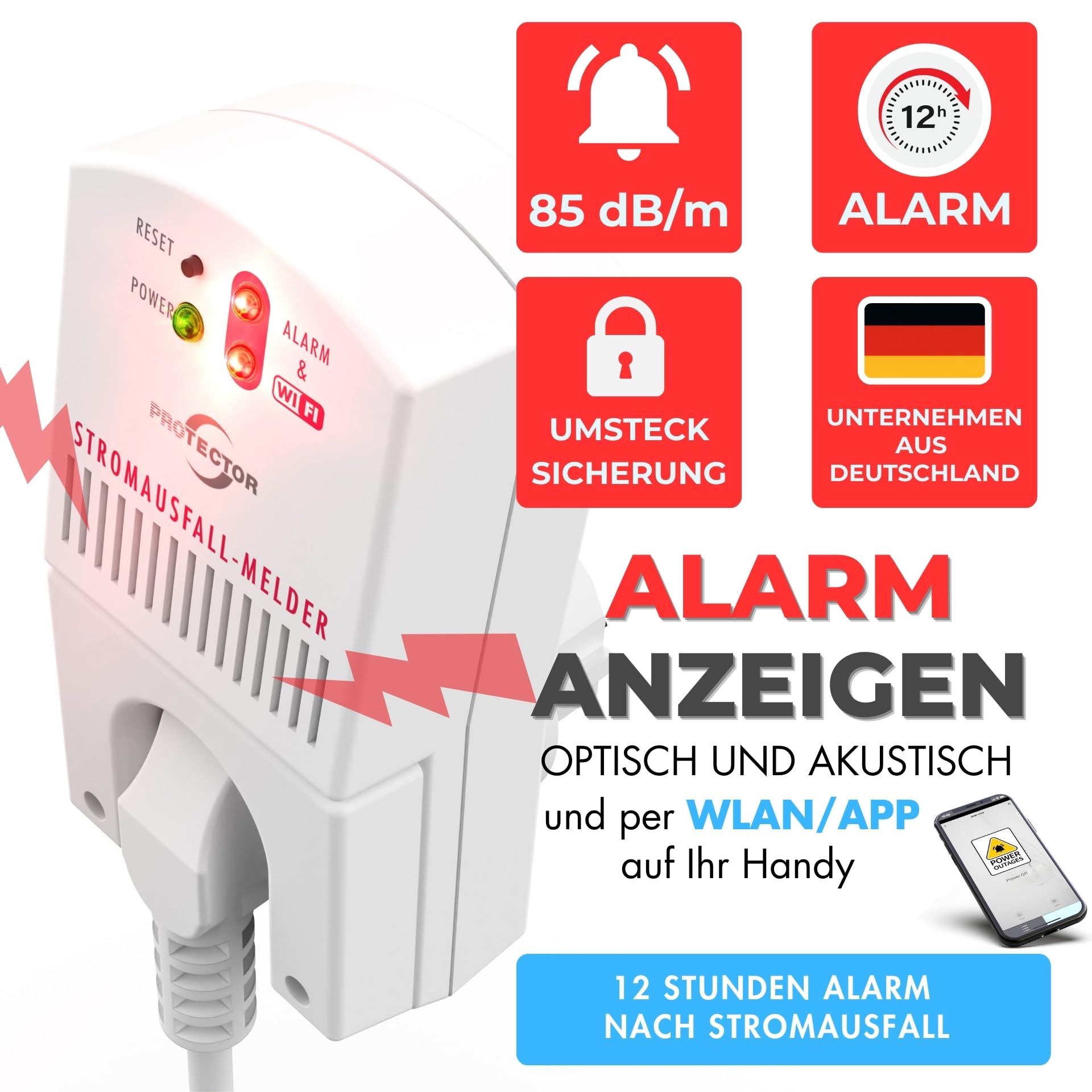 [Neu] Protector SAM-1010 Stromausfallmelder, 3500 Watt mit WiFi und App, Notstrom-gepuffert, 12 Stunden Alarm, Stromwächter für Stromausfall, Ideal für Gefrierschrank und Aquarium. Kühlschrankalarm