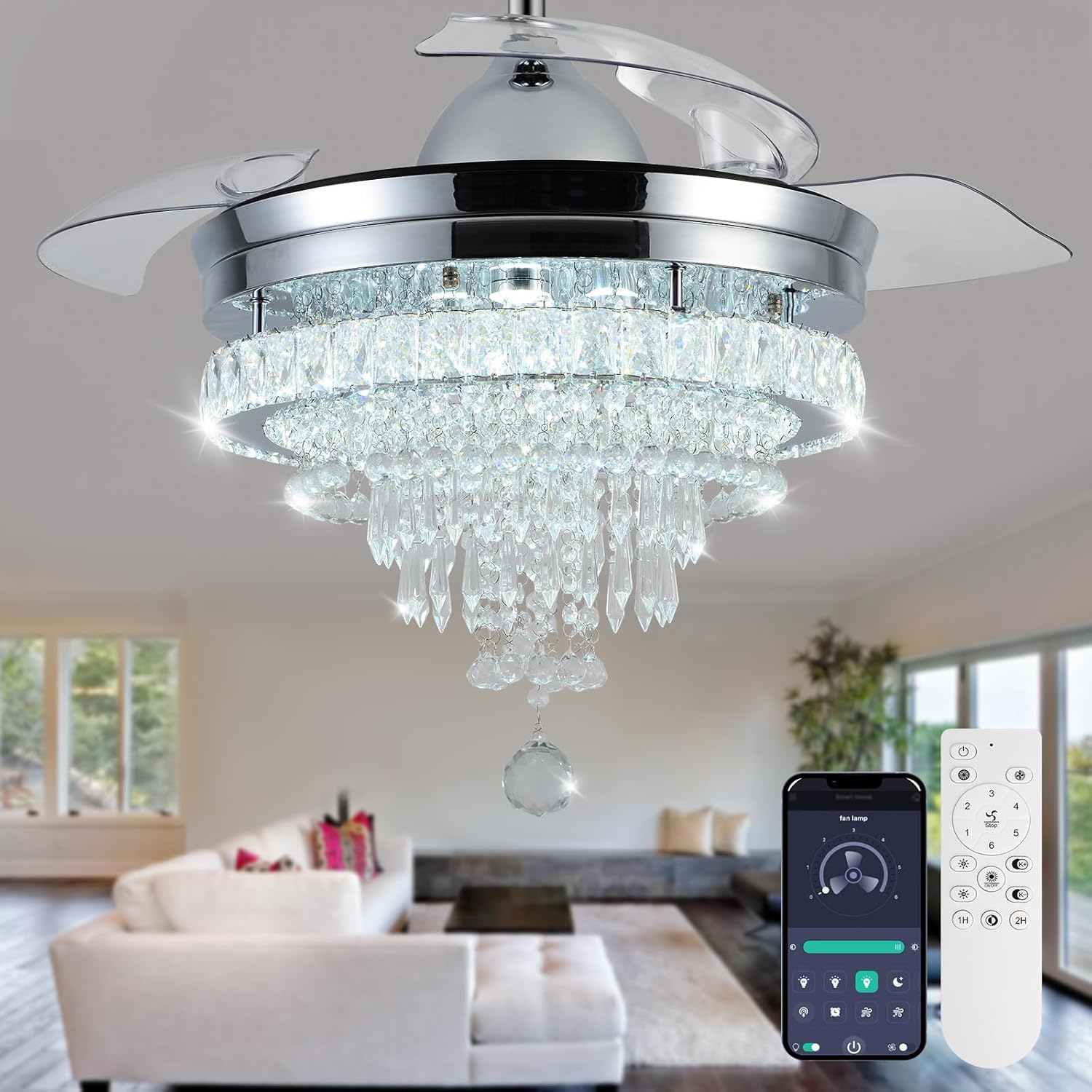 LEONTYNE 42" Modern Fandeliers Chandelier Ceiling Fan LED Dimmable Crystal Ceiling Fan with Light and Remote 6 Speed 4 Blades Retractable Fans for Bedroom Living Dining Room DX002