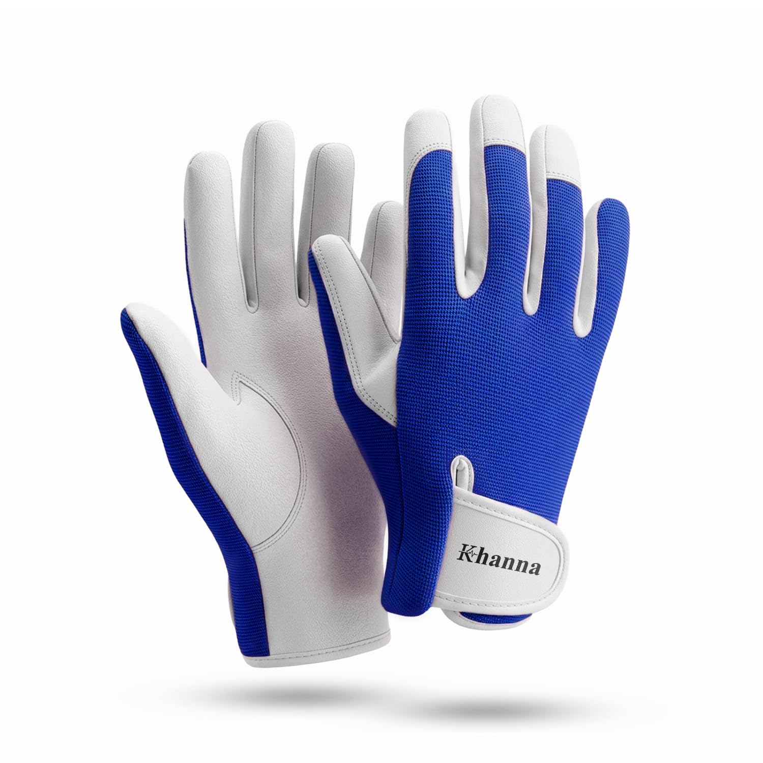 khanna Leather Gardening Gloves, Heavy Duty Thorn Proof Garden Gloves for Men & Women, Strong Grip Breathable Rigger Safety Working Gloves for Rose Pruning, Weeding & Yard Work (Blue, Medium)