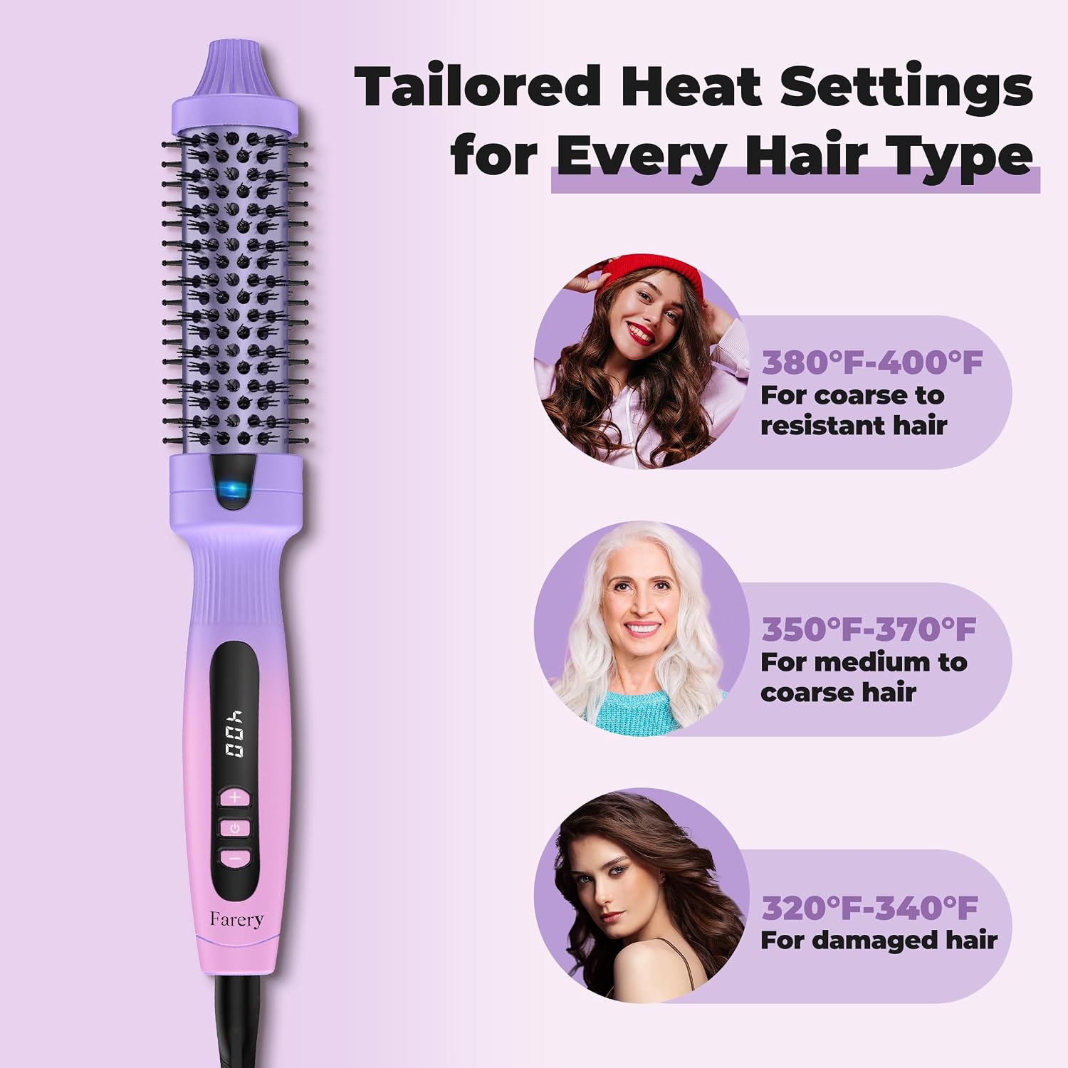 Farery 1.25-Inch Heated Round Brush - Ceramic Ionic Thermal Brush for Fast and Quiet Styling, Volume, Smoothness, Natural Curls, Dual MCH Heating, Adjustable Temperature