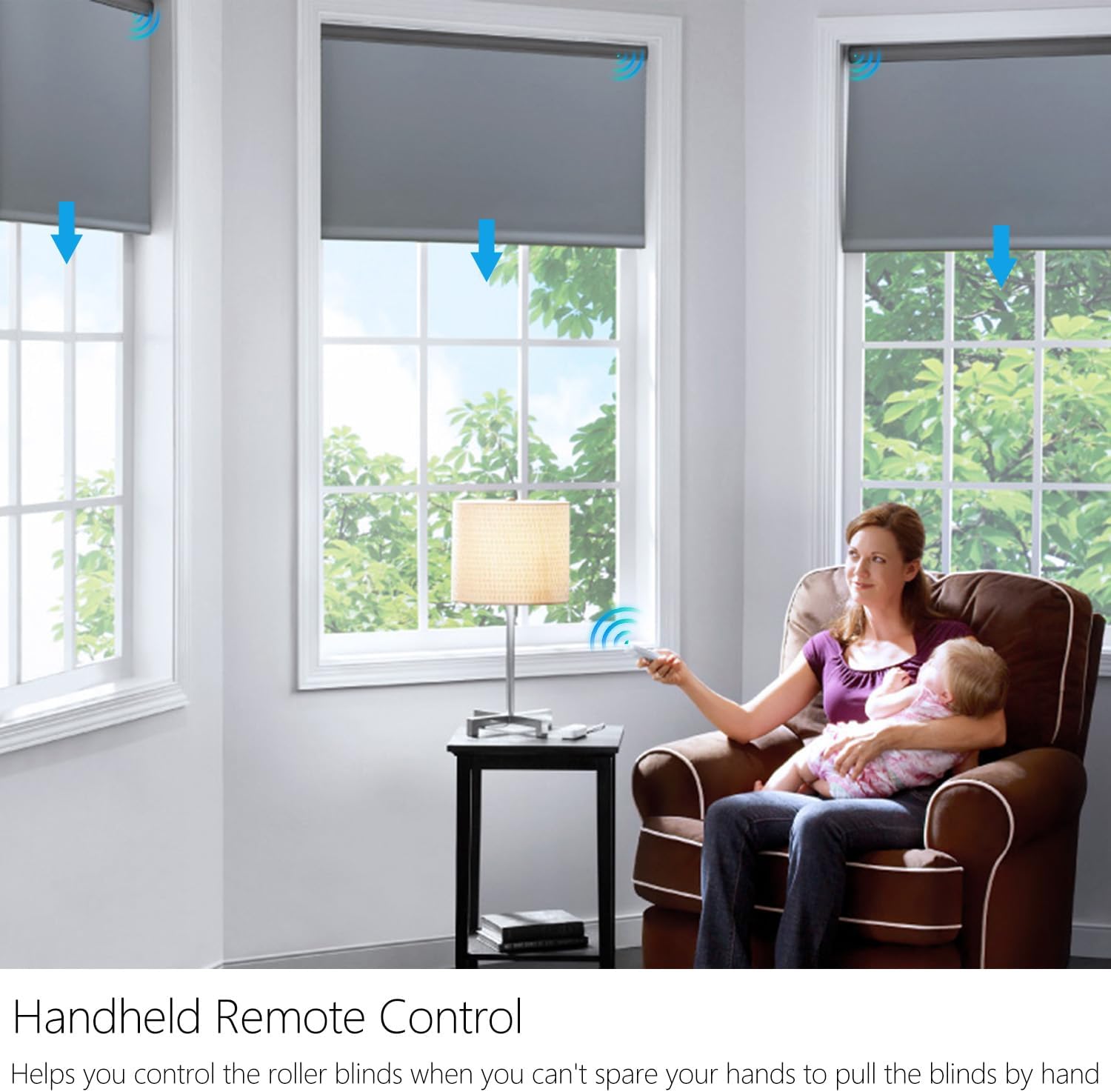 A person using the handheld remote control to operate window blinds in a living room setting.
