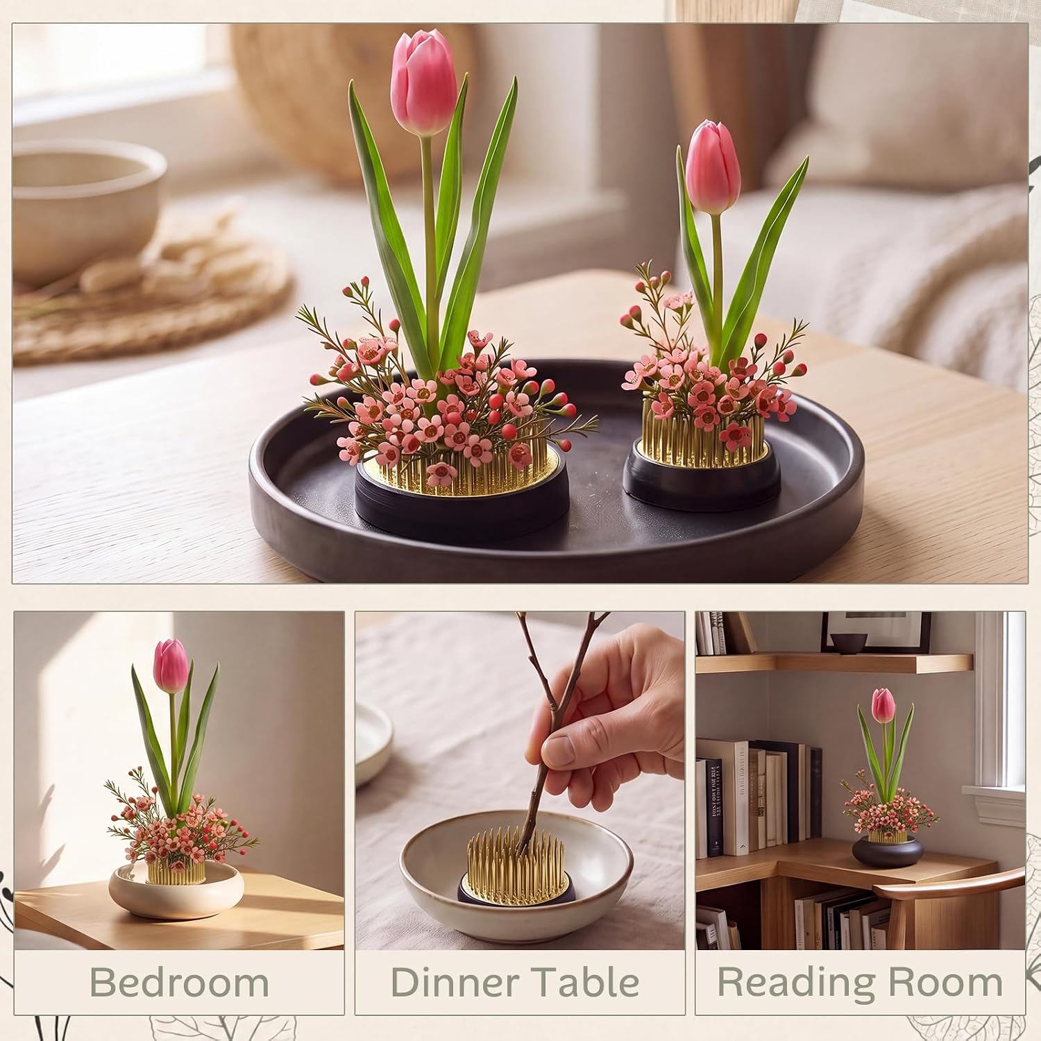Rtteri 7 Pcs Stainless Steel Flower Frogs Set with Rubber Base, Cleaning Brush, Floral Pin Holder, Floral Frog for Arrangements Japanese Kenzan Ikebana, DIY Flower Craft(Gold)
