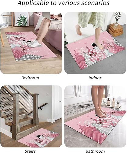 Miniatura 6 de Tapetes para suelo, árbol de Navidad, copo de nieve, muñeco de nieve, fondo rosa, antideslizante, parte trasera de látex, ultrafina, para comedor,