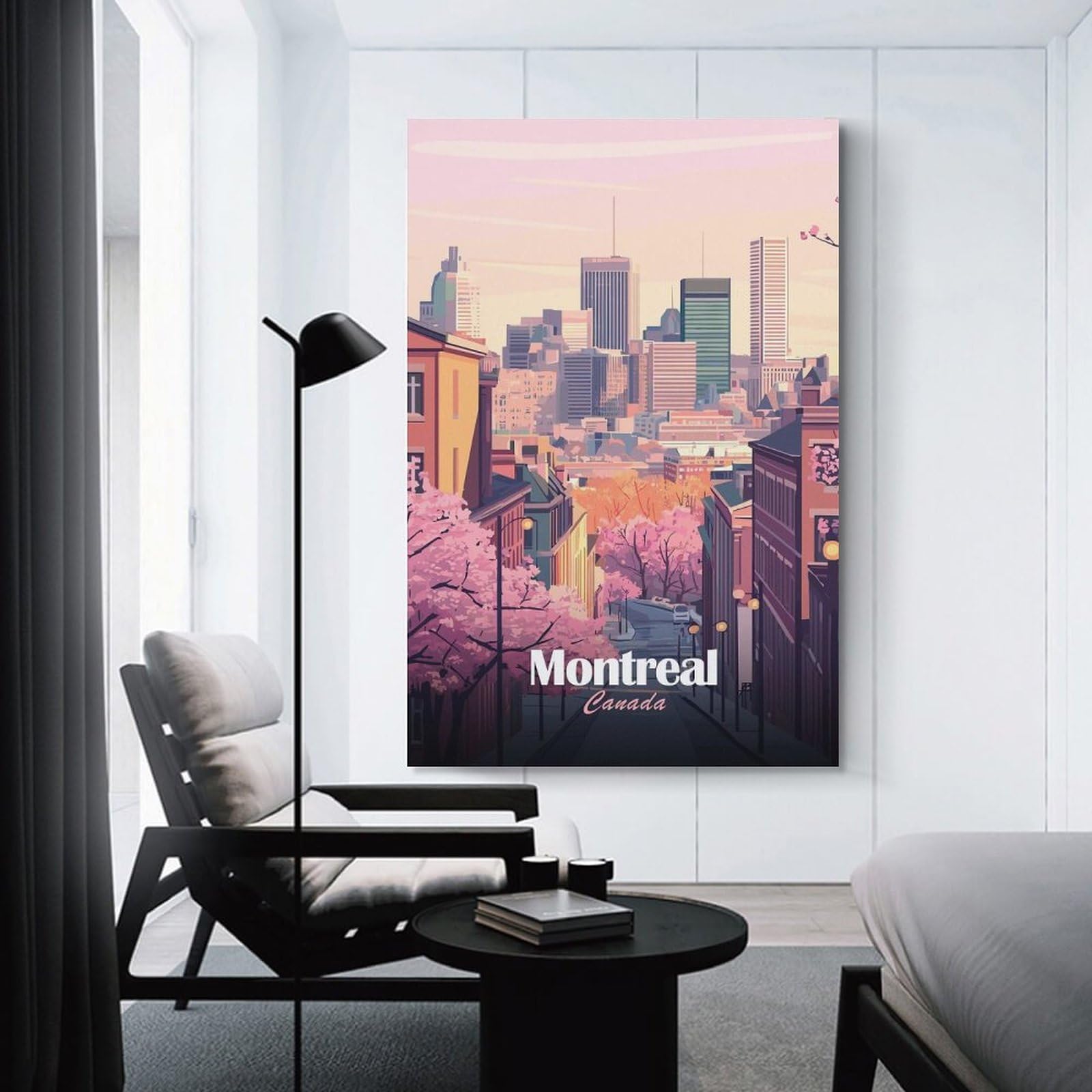Junmoney Canvas Art Print Montreal Canada Cityscape with Cherry Blossoms, 24x36inch(60x90cm), for Home Office, Desk Area Or Studio, Wall Art That Adds Style to Work Areas