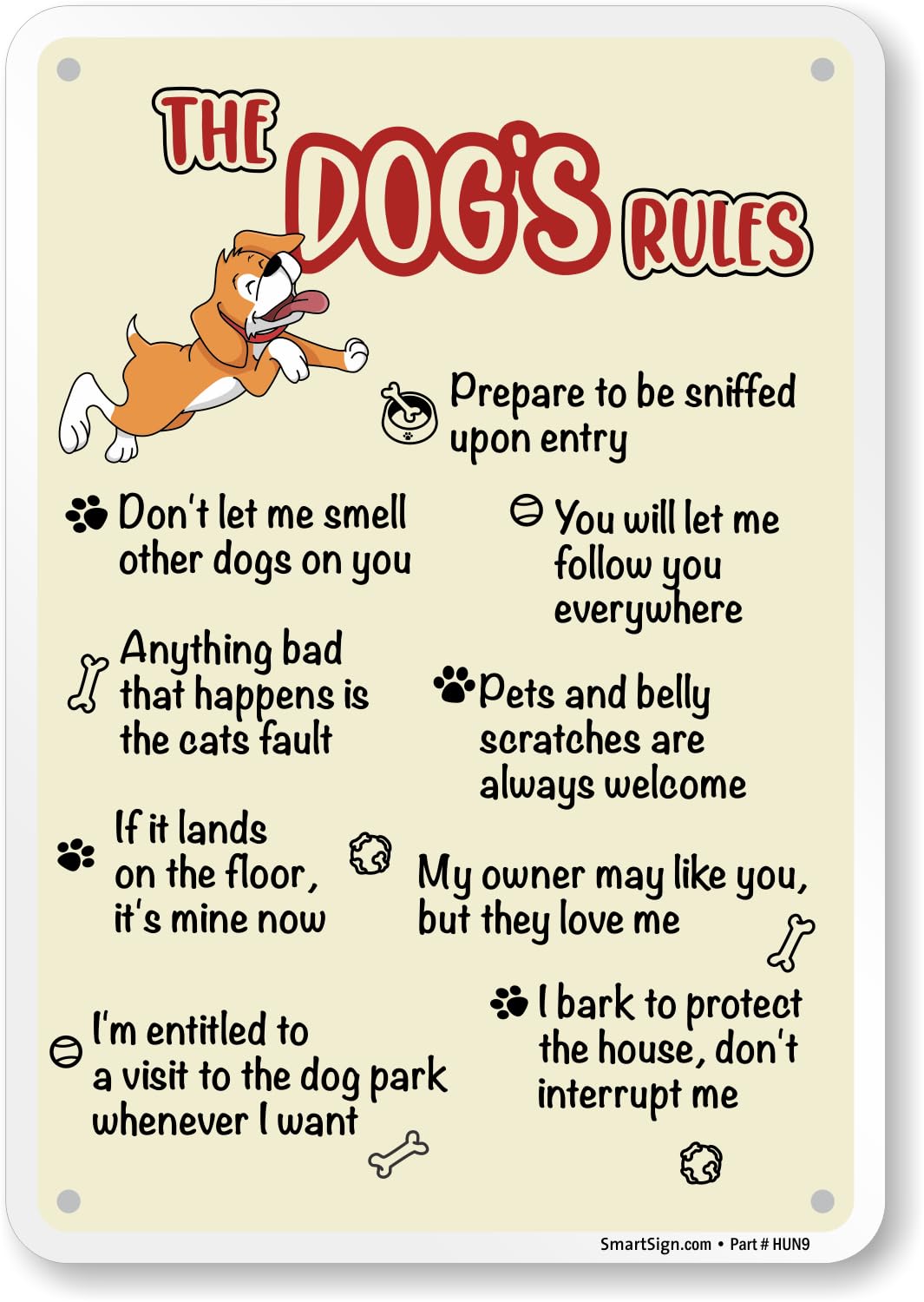 SmartSign The Dog's Rules Funny Animal Sign - 10" x 7", 40 mil Laminated Rustproof Aluminum Metal, For Gift, Yard, Cafe, Room, Made in USA