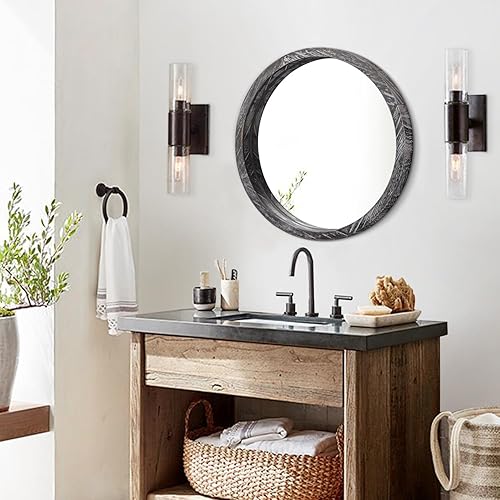 Miniatura 217 de JJUUYOU Espejo circular de pared redondo para baño, espejo de tocador marrón rústico, pequeño círculo decorativo para pared, marco de madera, espejo