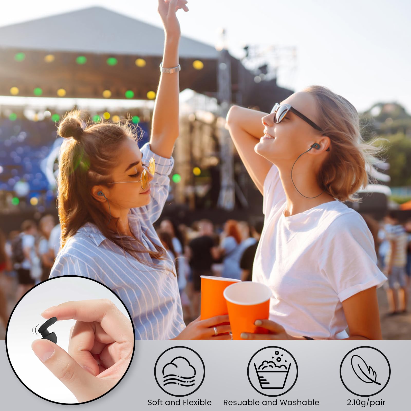2 pares de tapones para los oídos, tapones reutilizables de protección auditiva con 8 pares de almohadillas y un cable conector, tapones suaves para los oídos para reducción de ruido,