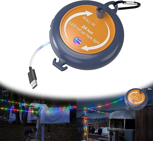 Haigoo Linterna de campamento con cuerda, 2 en 1 USB recargable cadena de luz para camping, 24 pies, funciona con pilas, impermeable, cuerda para