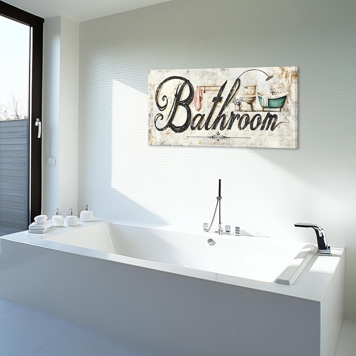 Kreative Arts Farmhouse Bathroom Canvas Wall Art 20x40 Rustic Country Decor Funny Toilet Bathtub Poster Vintage Bathroom Artwork Retro Restroom Wall Decor for Bath and Home