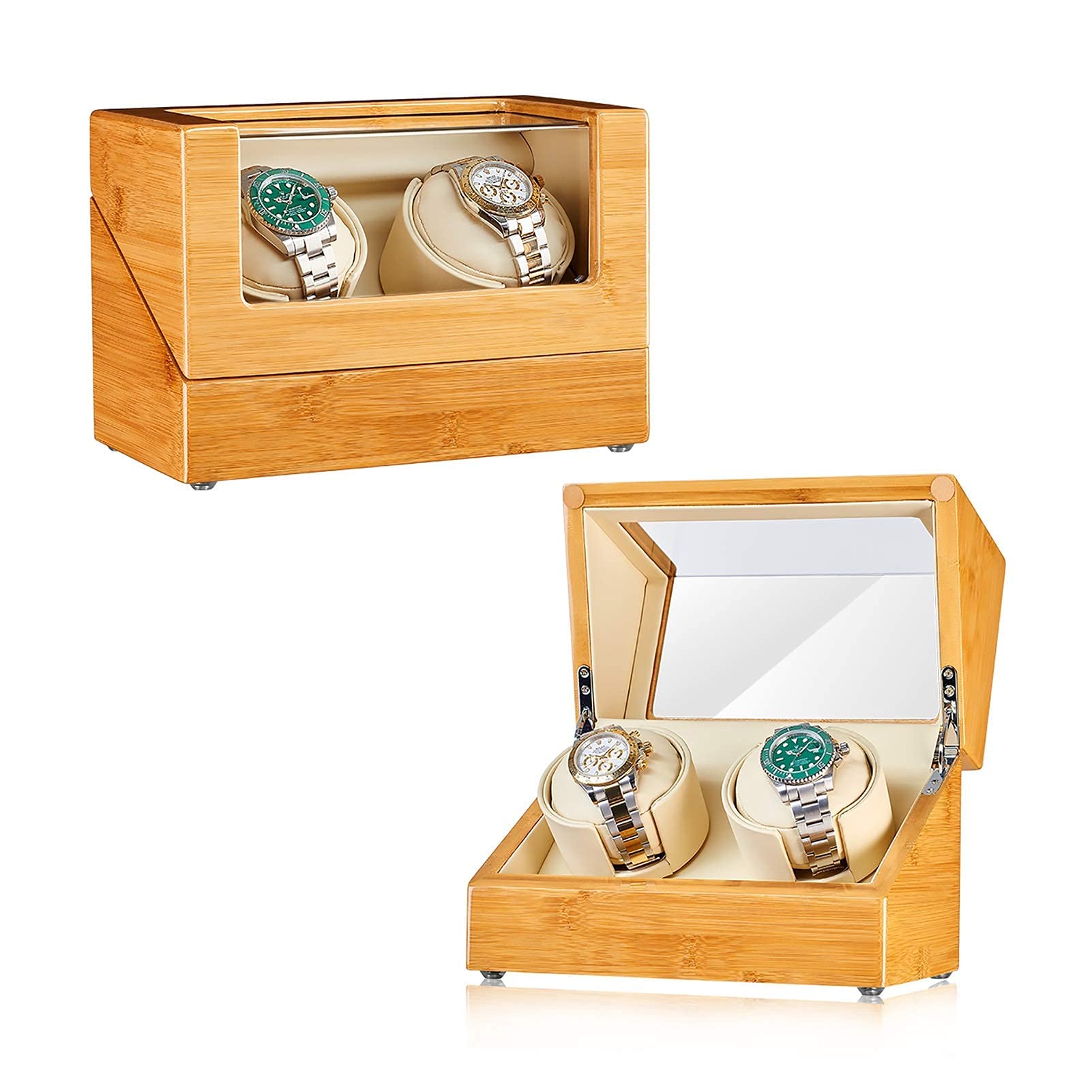 Remontoir de montre Remontoirs de montre Remontoir de montre en bambou Shaker de montre automatique Placeur rotatif de montre mécanique Boîte de rangement de montre Tournez la montre (Bambou 2 + 0 A)