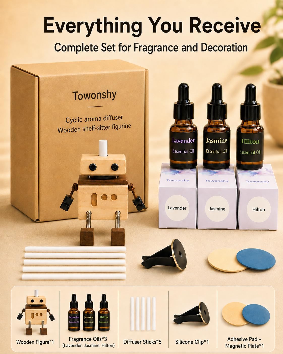 Car Air Freshener Wobbly Wooden Doll – Reusable & Refillable Linden Wood Car Diffuser Ornament, Handmade Shaking Feet Dashboard Decoration, Add Any Fragrance, 3 Scents (Lavender, Hilton & Jasmine)