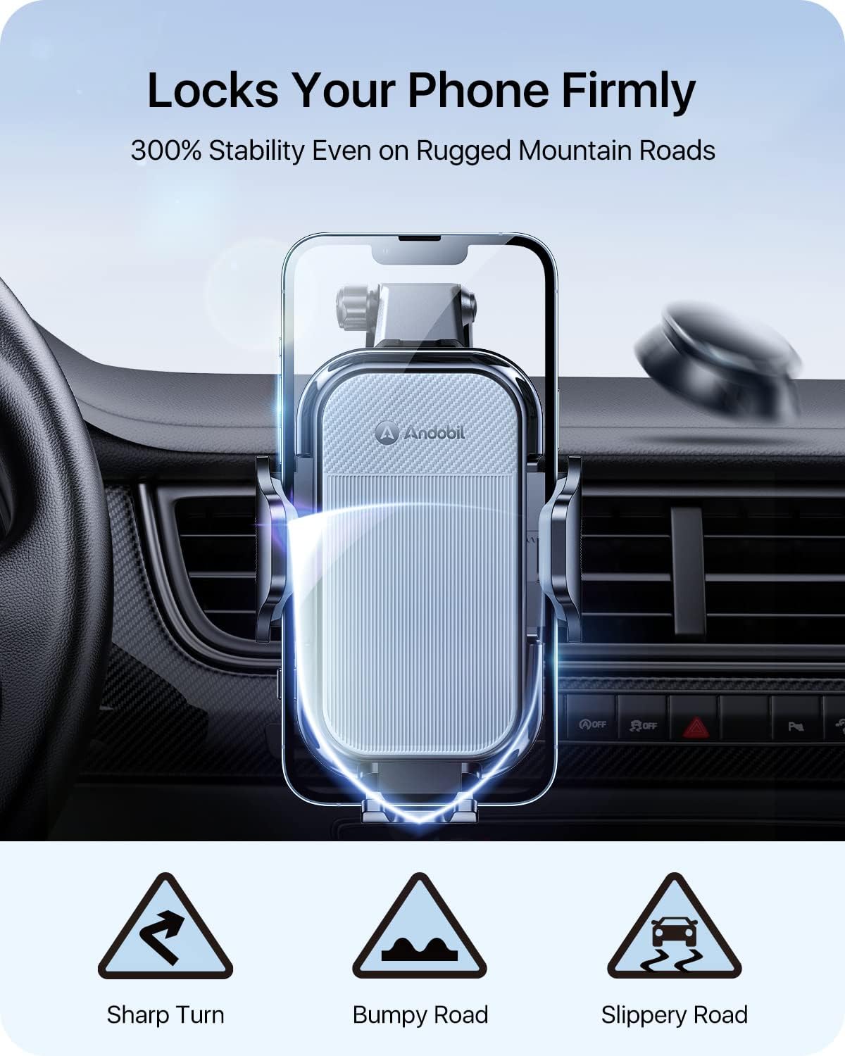 andobil Phone Mount for Car (Bumpy Roads Friendly) Cell Phone Holder Car — Easy Clamp Hands-Free Universal — Compatible with Dashboard-Windshield-Vent iPhone 14 13 12 Pro Max, Samsung S22 All Phones