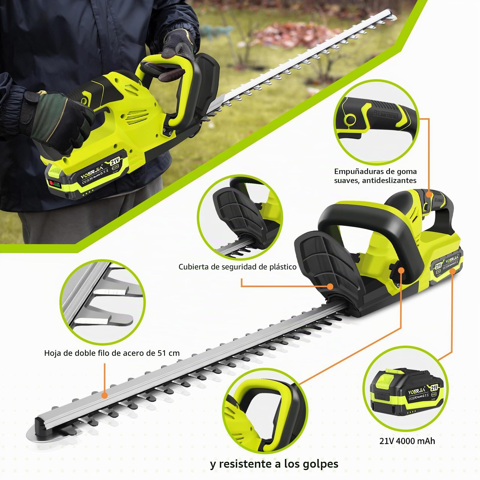 Cortasetos inalámbrico VOERJIA de 21 V con 2 baterías de 4,0 Ah y cargador, motor sin escobillas de 750 W, cuchilla doble de 50 cm (20 pulgadas) con indicador de carga LED, cortasetos y tijeras para a