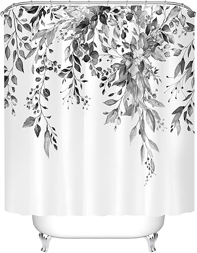 Miniatura 4 de Tititex - Juego de cortinas de regadera de eucalipto negro, hojas grises de acuarela en la parte superior, decoración floral de baño, 72 x 72