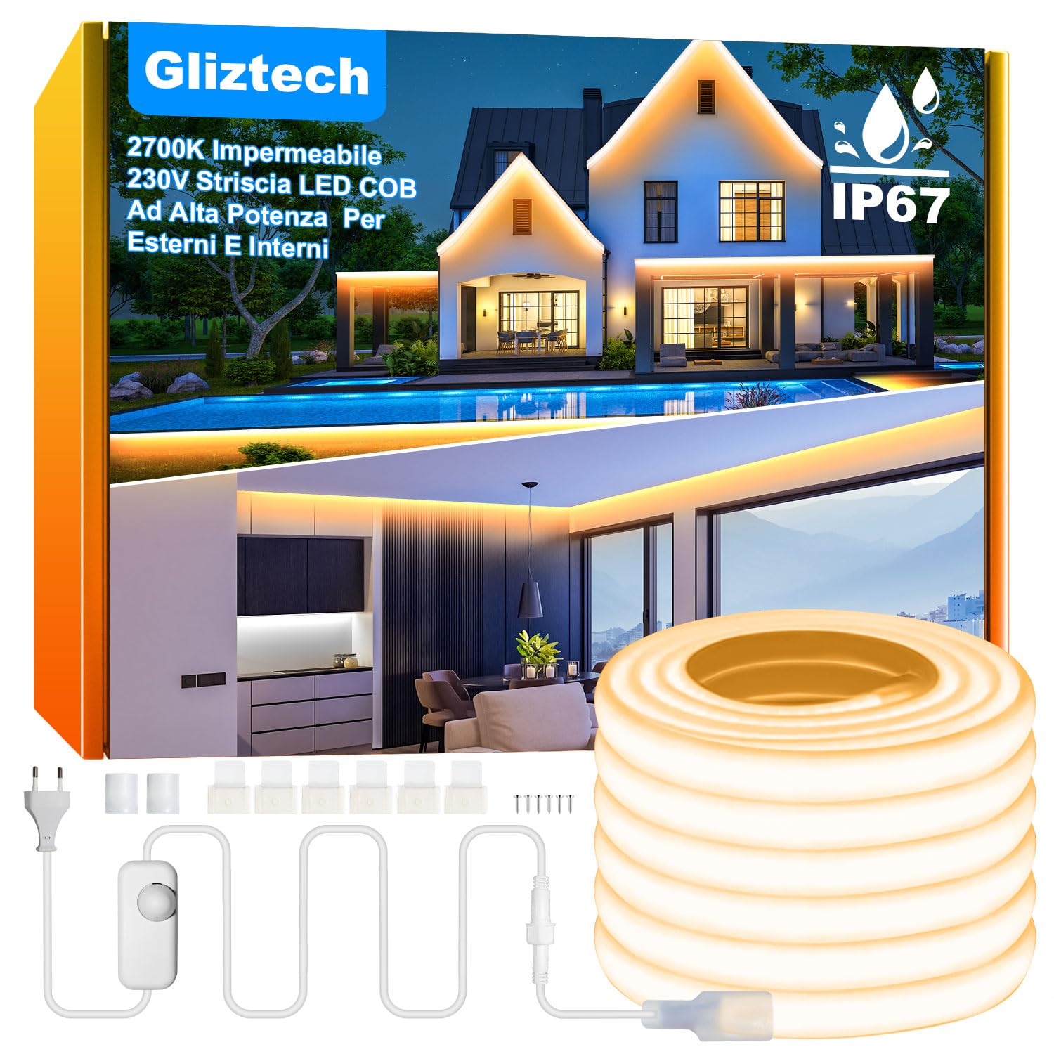 Gliztech Tira LED COB Exterior Impermeable IP67 Enchufe Directo AC 220V, Tira LED para Exteriores con Controlador de Doble Fusible, Luz LED Adhesiva para Jardín, Decoración Comercial (30M, 2700k)