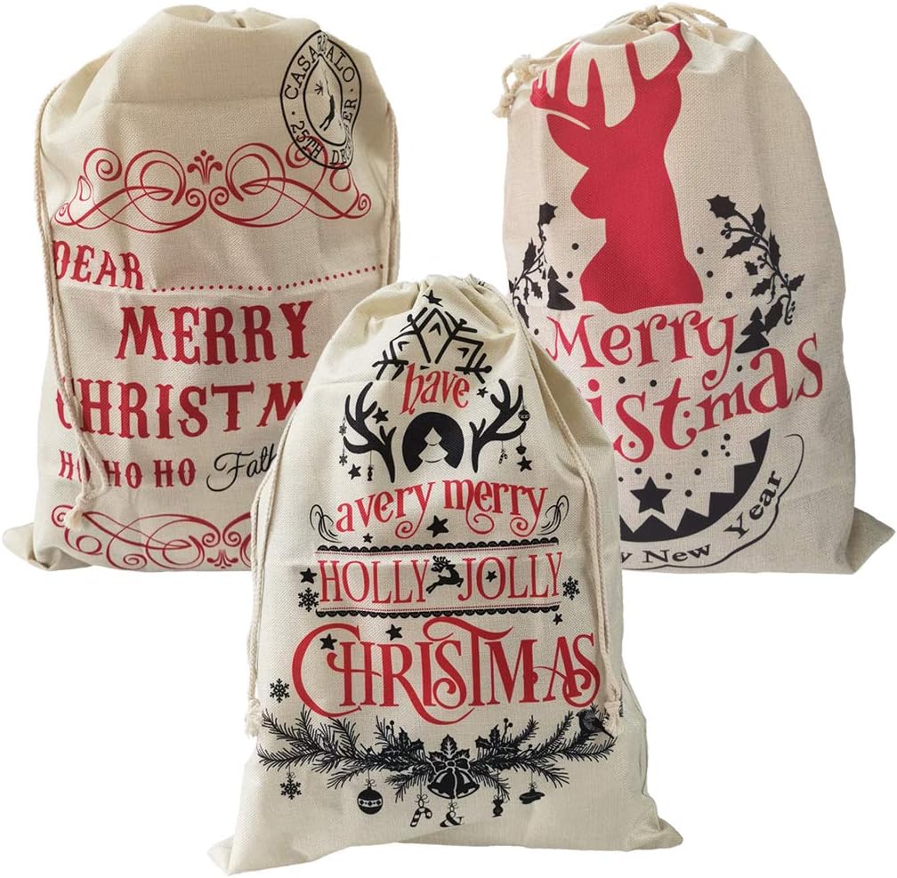 GKanMore 3Pcs Santa Sacks Large Christmas Drawstring Bags 26“x19” Drawstring Linen Bag for Christmas Candy Storage (Style 4, Pack of 3)