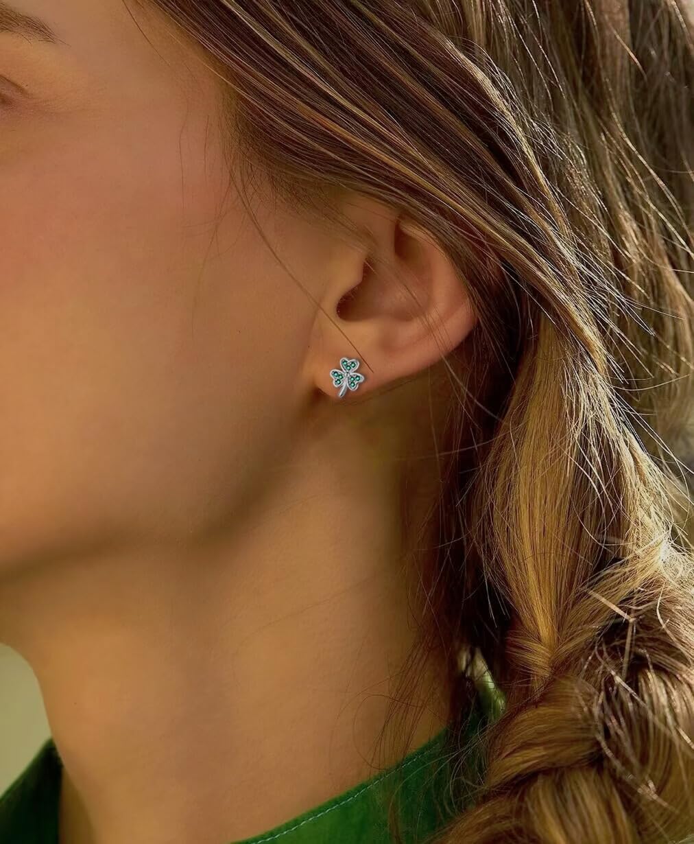 SLUYNZ 925 Sterling Silver Green Shamrock Earrings Stud for Women Teens CZ Love Clover Studs Earrings - Image 5