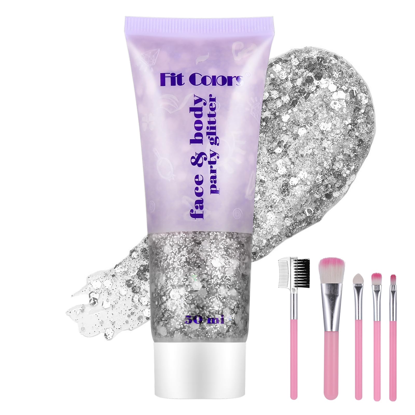 Huiguli Purpurina Cara Gel, 50ml Purpurina Pelo con 5 Brochas Maquillaje, Chunky Glitter para Rostro Cuerpo Cabello, Glitter Maquillaje para Halloween Niños Navidad Festival (Plata)