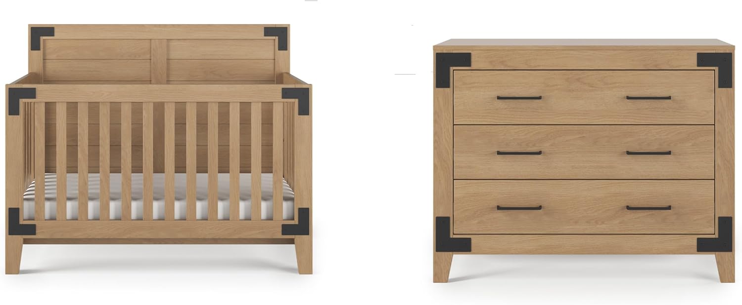 Child Craft Lucas Design 4-in-1 Convertible Baby Crib Nursery Furniture Set, Baby Bed and 3 Drawer Dresser, for Babies, Toddlers and Kids Bedroom (2 Piece - Nutmeg)