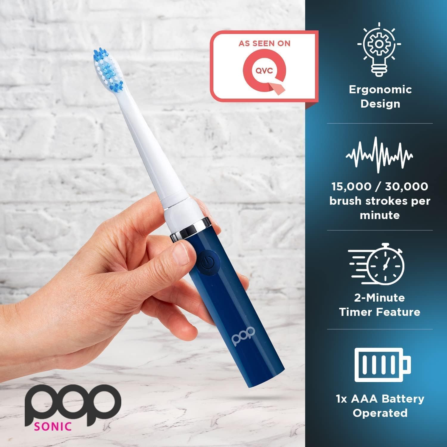 Pop Sonic Electric Toothbrush (Navy + 2 Brush Heads) - Travel Toothbrushes w/AAA Battery | Kids Electric Toothbrushes with 2 Speed & 15,000-30,000 Strokes/Minute, Dupont Nylon Bristles