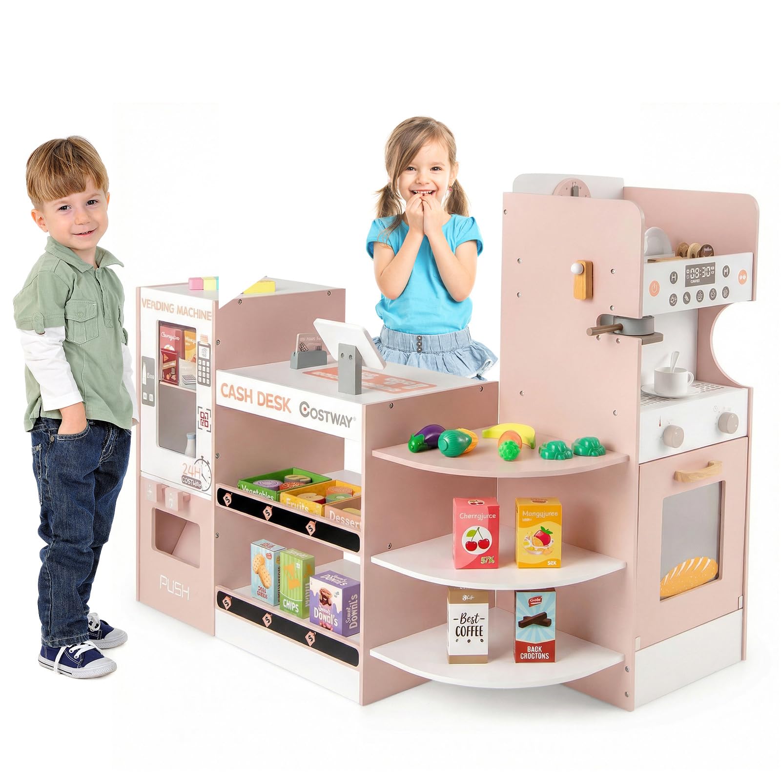 COSTWAY Mercato Giocattolo per Bambini, Negozio Giocattolo in Legno (Rosa) | con Cassa, Macchina Caffè e Distributore Automatico, Banco Mercato Giocattolo con Scaffali e 30 Accessori, per Bambini 3+ Ann