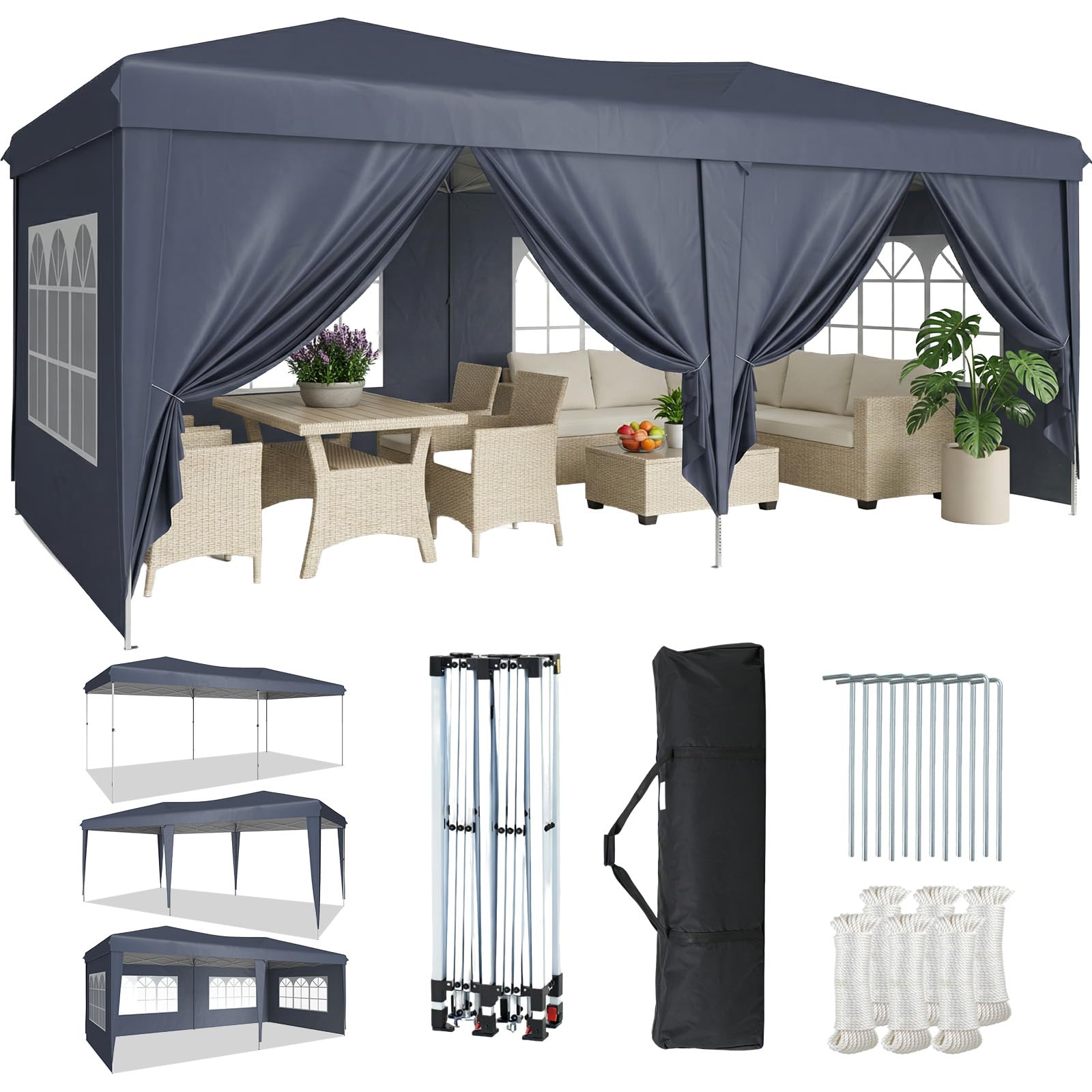 Aoxun Pop Up Gazebo 3x6m with 6 Removable Sidewalls, Waterproof Instant 10x20ft Tent, UV Protected Large Heavy Duty Party Canopy for Outdoor Events and Weddings (Blue) — image 1
